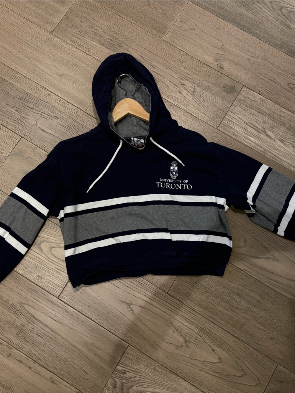 University of Toronto Navy & Gray Striped Hooded Sweater cropped
